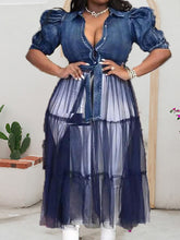 Denim Mesh Patchwork Kurzarm-Oberteile