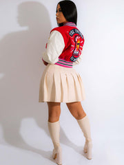 Langarm-Baseballjacke mit Knopfleiste und Cartoon-Muster