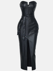 Trägerloses Kleid aus gespaltenem PU-Leder