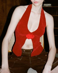 Neckholder-Top mit Schmetterlings- und Rosenknospenmuster