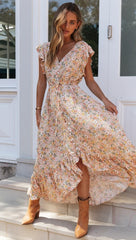 Sanae Maxikleid mit Rüschen und Cut-out und Blumenmuster - Blassgelb