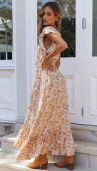 Sanae Maxikleid mit Rüschen und Cut-out und Blumenmuster - Blassgelb