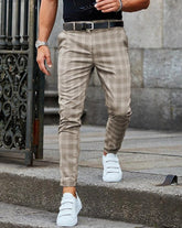 Men' s Casual Grid Skinny Long Pants