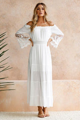 Bodenlanges, plissiertes, schulterfreies Damenkleid mit Dreiviertelärmeln