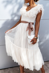 Elegant Solid With Belt Mesh V Neck A Line Dresses Ins Street