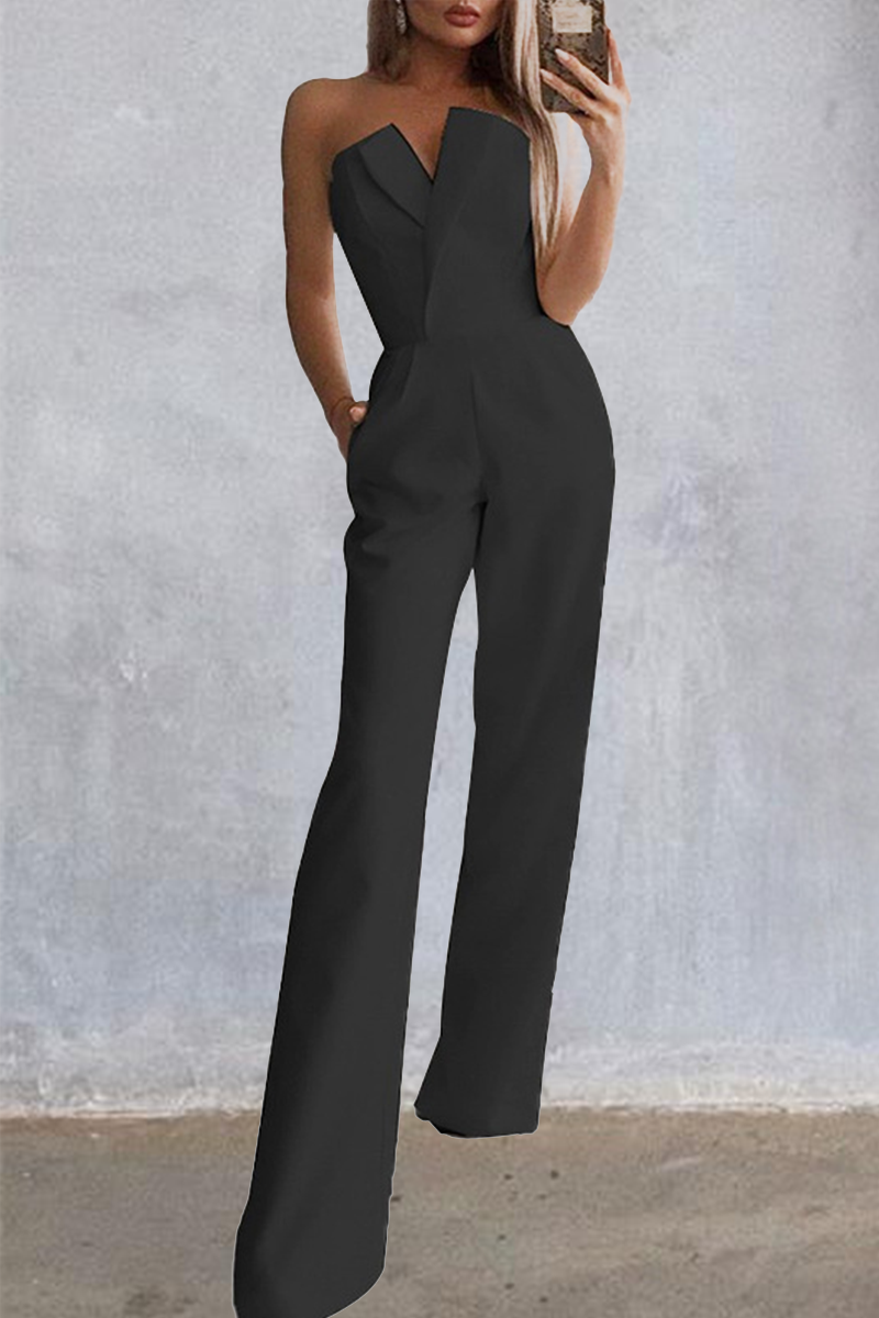 Solid Split Joint Strapless Boot Cut Jumpsuits Ins Street