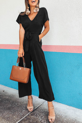 Einfarbiger Bandage-Jumpsuit mit V-Ausschnitt und Bootcut