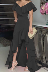 Solide Volant Off the Shoulder Unregelmäßige Kleid Kleider