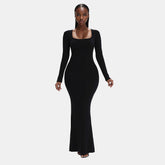 Built-In Shaper Long Sleeve Square Neck Maxi Dress