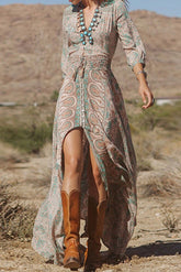 V-Ausschnitt Print Dreiviertelärmel Bodenlanges Reiselook Damenkleid