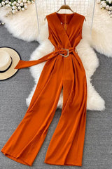 Elegante lange Hose mit weitem Bein fürs Büro mit Gürtel, ärmellose Playsuits für Damen