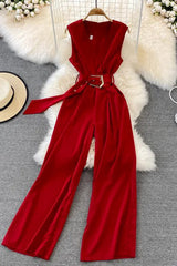 Elegante lange Hose mit weitem Bein fürs Büro mit Gürtel, ärmellose Playsuits für Damen