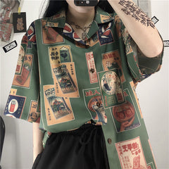 Vintage Chinese Art Pattern Short Sleeve Blouse Shirt
