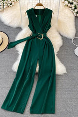 Elegante lange Hose mit weitem Bein fürs Büro mit Gürtel, ärmellose Playsuits für Damen