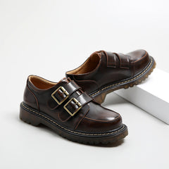 Retro-Leder-Loafer mit rundem Kopf und doppelter Schnalle