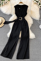 Elegante lange Hose mit weitem Bein fürs Büro mit Gürtel, ärmellose Playsuits für Damen