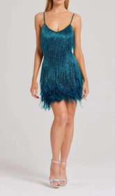 TASSEL FEATHER MINI DRESS IN DARK GREEN