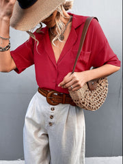 Button Down Lapel Collar Short Sleeve Shirt