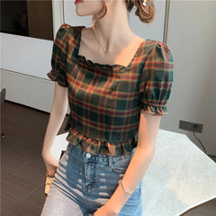 Karierte Bluse mit Puffärmeln und quadratischem Ausschnitt