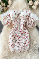 Paket Hüften Geraffte Mini Kleid Off Schulter Spitze Strand Kleid Blumendruck Party Kleid