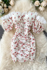 Paket Hüften Geraffte Mini Kleid Off Schulter Spitze Strand Kleid Blumendruck Party Kleid