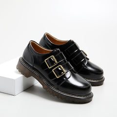 Retro-Leder-Loafer mit rundem Kopf und doppelter Schnalle