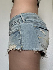 Blaue Vintage Low Rise ausgefranste Jeansshorts