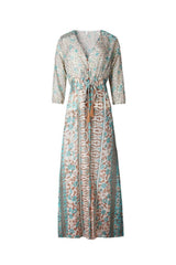 V-Ausschnitt Print Dreiviertelärmel Bodenlanges Reiselook Damenkleid