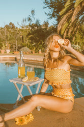 Orange Floral Ruffle Trim High Waist Bikini Bottom