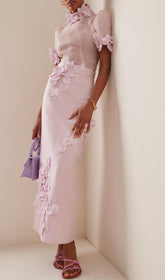 Floral Appliqued Mesh Midi Dress