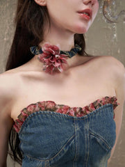 Mixed fabric strapless denim dress