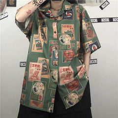 Vintage Chinese Art Pattern Short Sleeve Blouse Shirt