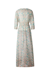 V-Ausschnitt Print Dreiviertelärmel Bodenlanges Reiselook Damenkleid