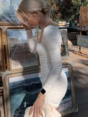 Slim Square-neck Pleated  Long-sleeved Bodycon Dress