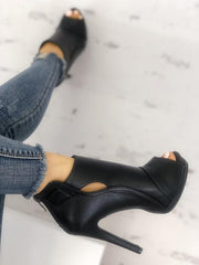 Schwarze Peep Toe Cutout Stiletto Schuhe Sandalen Dünne High Heel Stiefeletten