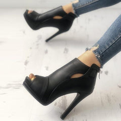 Schwarze Peep Toe Cutout Stiletto Schuhe Sandalen Dünne High Heel Stiefeletten