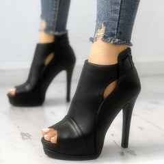 Schwarze Peep Toe Cutout Stiletto Schuhe Sandalen Dünne High Heel Stiefeletten