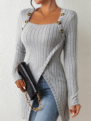 T-Shirt mit geripptem Knopfdekor und asymmetrischem Saum