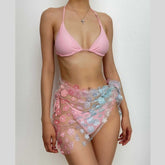 Neckholder-Badeanzug zum Selbstbinden, gepolstert, kontrastierendes Blumenmuster, 3-teilig