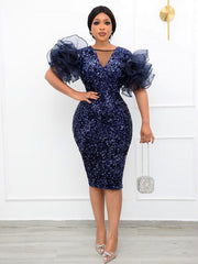 Partykleid mit Pailletten und V-Ausschnitt und Puffärmeln