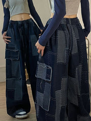 Vintage Blau karierte Baggy Cargo Jeans