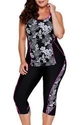 Schwarzes Tankini- und Capri-Set mit geschnitztem Blumenmuster