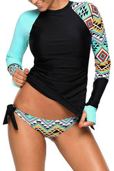 Contrast Blue Black Detail Long Sleeve Tankini Swimsuit