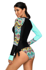 Contrast Blue Black Detail Long Sleeve Tankini Swimsuit