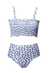 Süßer gesmokter Badeanzug mit hoher Taille und weißen Blumen