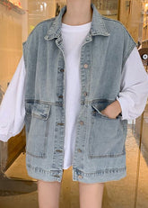 DIY Denim Blau Peter Pan Kragen Taschen Patchwork Weste Ärmellos