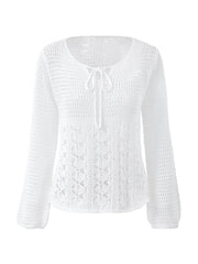 Weißes, offenes Stricktop mit Bindeband vorne