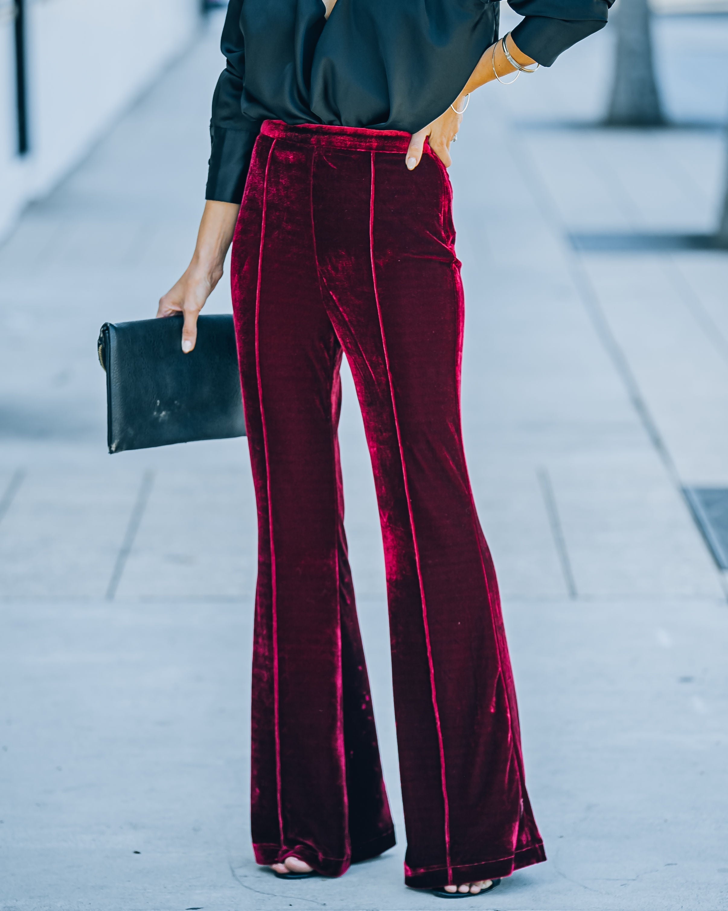 Amani High Rise Velvet Flare Pants - Burgundy SALT-001