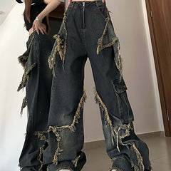 Rostfarbene Grunge-Jeans mit ausgestellten Seitentaschen und Fransensternen