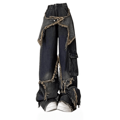 Rostfarbene Grunge-Jeans mit ausgestellten Seitentaschen und Fransensternen